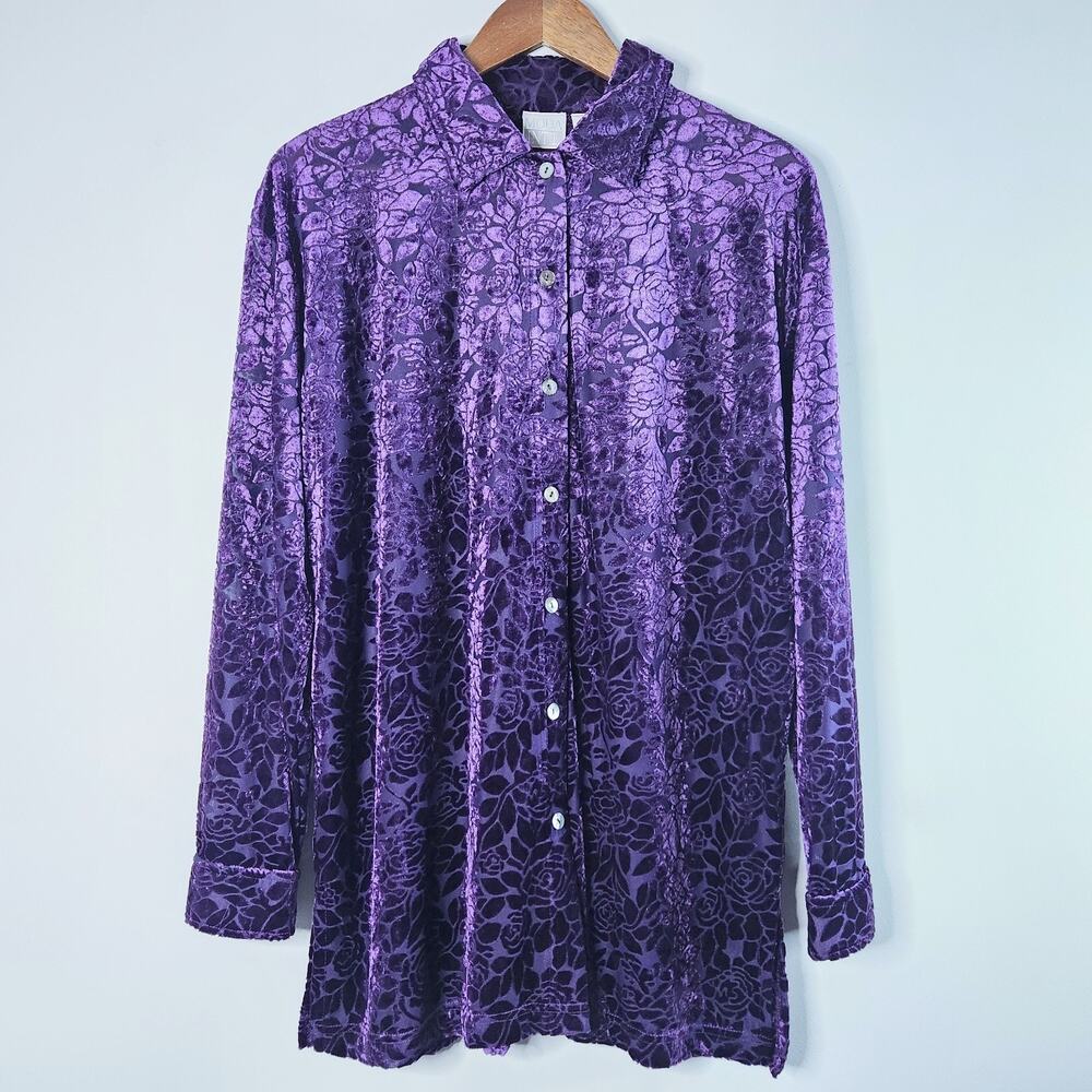 Moda Intl Vintage Purple Floral Burn Out Button Up Blouse Size Medium Whimsigoth